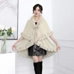 Beautiful Woman Wearing A Faux Fur Collar Cloak Coat In Apricot