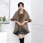 Beautiful Woman Wearing A Faux Fur Collar Cloak Coat In Khaki